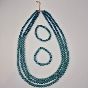 Teal Blue Beaded‎ Necklace Set Multi Strand Statement Jewelry w/ Bracelets 29"